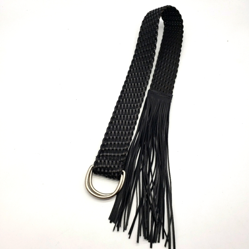 Unbranded women OS black woven belt with fringe leather - Picture 2 of 5